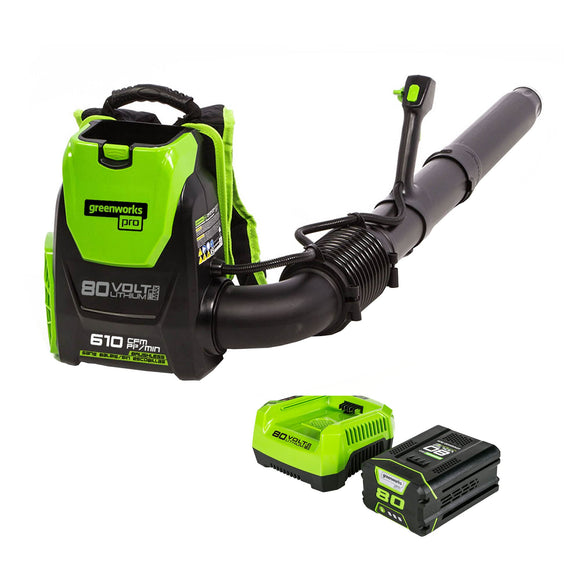 Greenworks 80V (180 MPH / 610 CFM / 75+ Compatible Tools) Cordless Brushless Backpack Blower, Green/Black