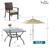 PHI VILLA 5pc Patio Dining Set with Umbrella, Square Table, Rattan Chairs