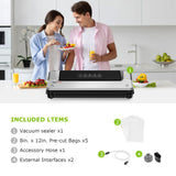 Bonsenkitchen Vacuum Sealer Machine | Compact Food Sealer for Kitchen Storage & Meal Prep | Multiple Modes | External Vacuum System | 5 Bags, Silver