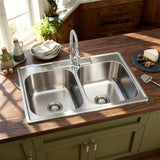 Kitsitchen 33x22 Drop in Kitchen Sink, 33 Inch 304S Stainless Steel Double Bowl Kitchen Sinks with 50/50 Design and Two Strainer, 33" X 22"X 9" Large and Deep Top Mount Kitchen Sinks with 3 holes