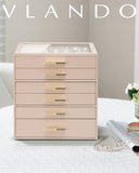 VLANDO 6 Layer Jewelry Box for Women, Glass Lid Jewelry Organizer with 6 Drawers for Necklaces Rings Earrings Bracelets - Toffee