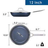 MsMk Non stick frying pan set with lid Blue, 12-inch Durable skillet, Titanium and Diamond Non Stick Non-Toxic Coating From USA