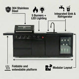 RENDGO Modular Outdoor Kitchen Island, 6-Burner Gas Grill, 75300 BTU,Silver