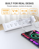 Desk Clamp Power Strip Surge Protector, 6 Outlets, Flat Plug, 1800J, 4 USB-C Ports (Any Port 35W), for Home & Office, Flame-Retardant PC-ABS Housing, Fits 1.96" Desk Edge, White