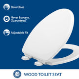 Mayfair Linden Slow Close Toilet Seat, Non Slip Heavy Duty Wood, Easy Install, Made in USA, Elongated, White, 4 Pack