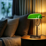 JCPYIUL Green Glass Bankers Lamp, Retro Desk Lamp with USB Wireless Charging Port, Classic Pull Chain Switch Table lamp, for Home Office nightstand Bedside Study Desk Library