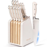 Astercook Knife Set, Kitchen Knife Set with Block and Sharpener, 12 Pcs Ultra-Sharp High Carbon Stainless Steel Knife Block Set with Non-Slip Full Tang Ergonomic Handle, Cream White Cutlery Set