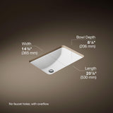 KOHLER 2214-0 Ladena Rectangular Undermount Bathroom Sink With Curved Bottom, 20-7/8" W X 14-3/8" L, White