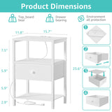 BOLUO White Nightstand with Charging Station, LED Night Stand with Fabric Drawers and Shelf, Bedside Table with USB Ports and Outlets, Bedroom Nightstand Modern