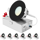 LUXRITE 3 Inch LED Recessed Ceiling Light with Junction Box, 10W, 5CCT 2700K/3000K/3500K/4000K/5000K, 800LM High Brightness, Dimmable Canless Downlight, Wet Rated, IC Rated, ETL - Black (6 Pack)