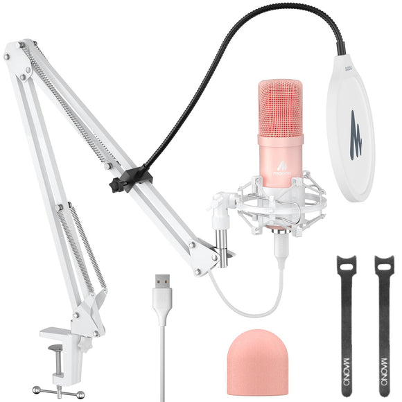 USB Microphone, 192kHz/24bit Plug & Play PC Computer Podcast Condenser Cardioid Metal Mic Kit with Professional Sound Chipset for Recording, Gaming, Singing, YouTube, AU-A04 Pink MAONO