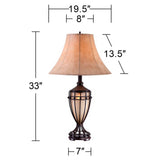 Franklin Iron Works Cardiff Traditional Rustic Urn-Shaped Table Lamps 33" Tall Set of 2 with Nightlight Brushed Iron Cage Champagne Glass Beige Fabric Bell Shade for Living Room Bedroom House