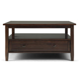 SIMPLIHOME Warm Shaker Square Coffee Table - 36 inch Wide Solid Wood Cocktail Table in Tobacco Brown, Transitional Living Room Table with Large Storage Drawer and Open Shelf for Sitting Area