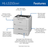 Brother HL-L5210DWT Business Monochrome Laser Printer with Dual Trays, Wireless and Gigabit Ethernet, White