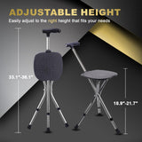 BigAlex Alloy Folding Cane with Seat, Lightweight Adjustable Walking Cane with Seat, Cane Seat with LED for Woman/Man, Comfortable Handle and 3 Non-Slip Legs, Walking Stick for Seniors,Black
