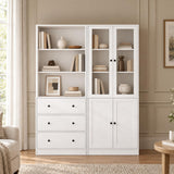 TUSY 71" H Bookshelf with Storage, 6-Tier Modern Bookshelves with 3 Large Drawer, Display Bookcase with Glass Doors, Modern 5-Tier Curio Cabinet for Home Office, Dining Room (White, AB)