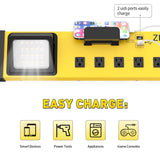 Heavy Duty Metal 10 Outlets 6FT Long Power Strip with LED Worklight, Yellow