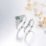 Oseew Natural Moss Agate Ring for Women 2CT Pear Cut 2 Pieces Engagement Ring Set 10K/14K/18K Solid Gold/Sterling Silver Wedding Vintage Leaf Bridal Promise Ring with Gift Box