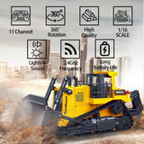 Bulldozer, 11 Channel Full Functional Dozer Vehicle, 360° Rotating RC Dozer with Metal Parts & Rubber Tracks, Remote Control Bulldozers with Lights & Sound, RC Construction Vehicles for Adults