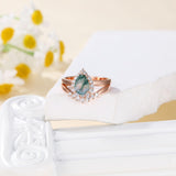18k gold Natural Moss Agate Ring Set 1.25ct Green Stone 10k gold Pear Cut Natural Moss Agate Ring Set for Women Moss Agate Jewelry Promise Ring