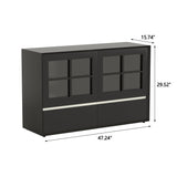 47.24" Solid Wood Storage Cabinet with Glass Doors and Drawers, Black Sideboard Organizer for Living Room, Dining Room, Entryway, Kitchen or Home Office
