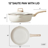 CAROTE 12Inch Nonstick Deep Frying Pan with Lid, 5.5 Qt Jumbo Cooker Saute Pan with Pour Spout, Skillet Induction Cookware, Non Stick Cooking Pan Kitchen Pan PFOA Free, White Granite