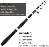 Fishing Pole Combo Set,2.1m/6.89ft 2PCS Collapsible Rods 2PCS Spinning Reels Lures Set Carrier Bag Telescopic Fishing Rods Freshwater Kit Fishing Rod Reel Combos ministoream