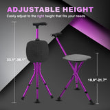BigAlex Alloy Folding Cane with Seat, Lightweight Adjustable Walking Cane with Seat, Cane Seat with LED for Woman/Man, Comfortable Handle and 3 Non-Slip Legs, Walking Stick for Seniors,Purple