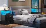 AOGLLATI Nightstand with Charging Station and LED Lights, Nightstands Set of 2, Bedside Table with Open Storage and 2 Drawers, 2 USB Ports, 2 Outlets, Modern End Side Table for Bedroom, Black