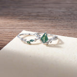 Oseew Natural Moss Agate Ring for Women 2CT Kite Cut 2 Pieces Engagement Ring Set 10K/14K/18K Solid Gold/Sterling Silver Wedding Vintage Leaf Bridal Promise Ring with Gift Box