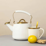 Stainless Steel Stovetop Tea Kettle, 1.8 Liter Capacity, Whistling Kettle with Folding Handle, Induction Compatible, For Gas Electric and Induction Cooktops (White & Gold)