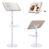 2 in 1 Dual-use Music Stand & Desktop Book Stand, Adjustable Height 16.5"-51", 100% Solid Wood Laptop Floor Stand Book Holder with Elastic Page Clips for Cookbooks (White with Tray)