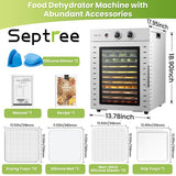 Food Dehydrators Machine with 12 Stainless Steel Trays with Timer Setting Temperature Adjusted 68 ℉ to 194 ℉ Dryer for Herb Fruit Meat Vegetables Mushroom Beef for Commercial Household Ancient Silver