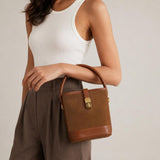 Small Faux Suede Bucket Bags for Women Vintage Crossbody Purse Top-Handle Handbags with Twist Lock Shoulder Bag for Fall Winter (Brown)