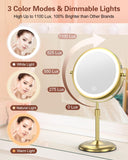 Benbilry 7" Lighted Makeup Mirror with 3 Color Lights & 10X Magnification, Adjustable Brightness & Height, 360° Swivel Rechargeable 10X LED Magnifying Vanity Mirror with Light, Gold