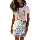 Talakeno Womens Summer Floral Wrap Short Skirt Tie Side High Waist A Line Beach Vacation Boho Mini Skirt (Light Blue, XL)