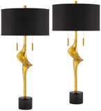 Possini Euro Design Athena 35 1/2" Tall Large Modern Glam End Table Lamps Set of 2 Pull Chain Sculptural Gold Leaf Living Room Bedroom Bedside Nightstand House Office Home Reading Kitchen Entryway