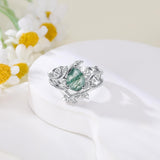 Oseew 2pcs Natural Moss Agate Ring set For womens 10k 14k 18k gold/Sterling Silver (White gold)