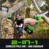 2-in-1 Cordless Pole Saw for Tree Trimming, 20V 3Ah Battery Powered Pole Chainsaw with 8-Inch Bar, 15FT Reach Electric Tree Trimmer & Mini Chainsaw for Branch Cutting & Pruning