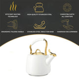 Stainless Steel Stovetop Tea Kettle, 1.8 Liter Capacity, Whistling Kettle with Folding Handle, Induction Compatible, For Gas Electric and Induction Cooktops (White & Gold)