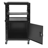 Adjustable Height Laptop Cart, Steel AV Cart with Keyboard Tary and Locking Cabinet Rolling Small Office Laptop Table with Power Socket for Computer Laptop Projector Printer