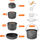 18pcs Camping Cookware Large Size Hanging Pot Pan Kettle Set with Plastic Plates Bowls Soup Spoon Odoland