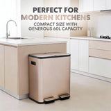 16 Gallon Dual Compartment Kitchen Trash Can - Hands-Free Step Pedal, Soft-Close Lid