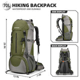 King'sGuard 70L Hiking Backpack with Rain Cover Lightweight Waterproof Travel Camping Backpack Large Backpacking Pack for Men and Women (Army Green)
