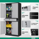 Metal Garage Storage Cabinet with Drawer,4 Door Tool Cabinet with Lock-2 Adjustable Shelves for Garage Home Office Utility Room (Black & Gray)