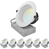 LUXRITE 6" Inch Commercial LED Recessed Light with J-Box, 5 CCT Options 2700K-5000K, 3 Wattages 30/40/50W, 0-10V TRIAC Dimmable, CRI90, 3000/4000/5000 Lumens, 120-277V, Wet Rated, IC Rated (6 Pack)