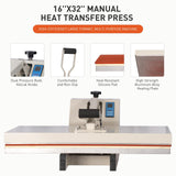 16x32 Large Format Manual Heat Press Machine for T-Shirt, HTV