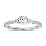ALLORYA Three Stone Studded Shank Engagement Ring for Her with 0.53 ct Lab Grown White Diamond (Center Round 1/4 ct. & Pear 0.09 ct) in 925 Sterling Silver Size 5.5