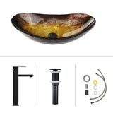SOLIDEE Bathroom Boat Shape Artistic Glass Vessel Sink Free Black Faucet and Pop-up Drain Set, Gold
