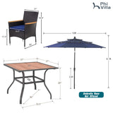 PHI VILLA 5pc Patio Dining Set with Umbrella, Square Table, Rattan Chairs
